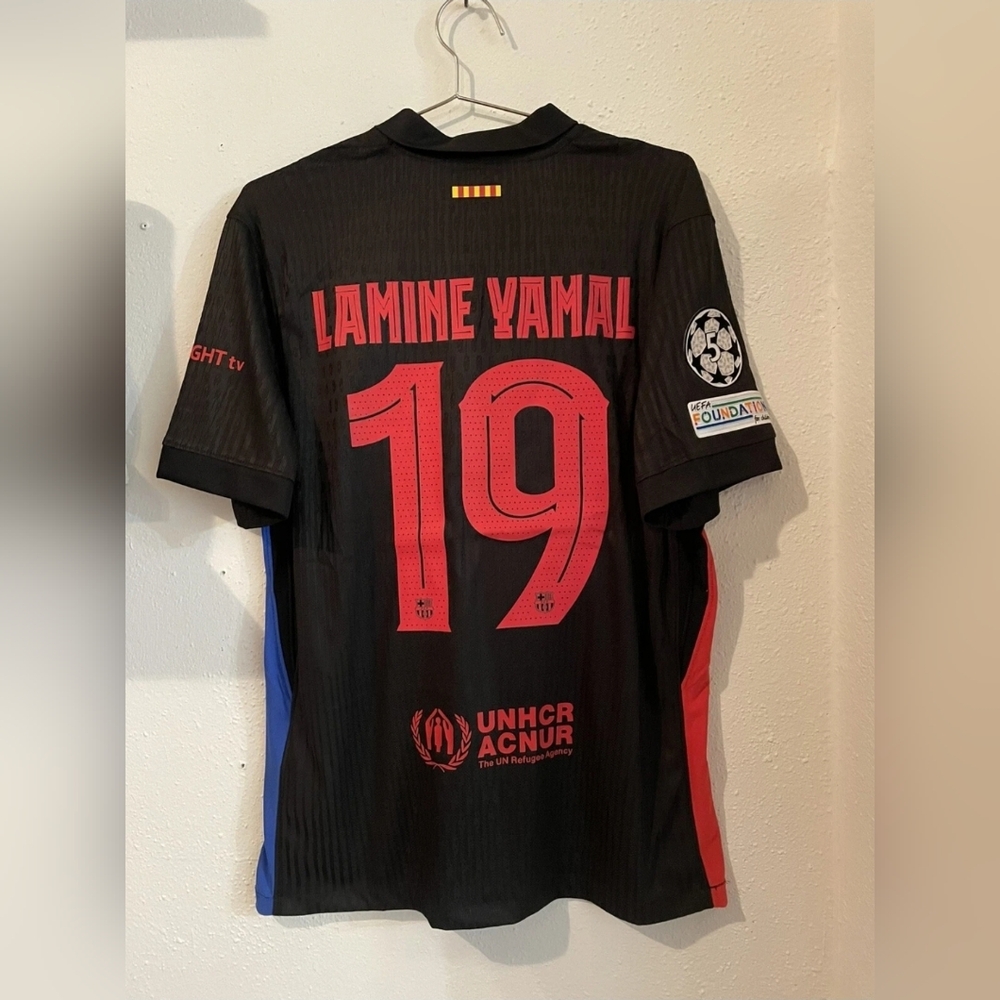 LAMINE YAMAL FAN JERSEY WITH CHAMPIONS LEAGUE PATCHS